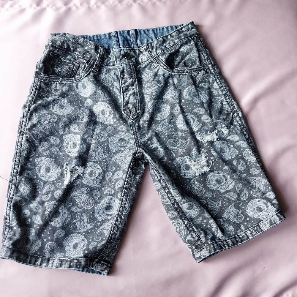 Rude Jeans Skull Patterned Reversible Denim Shorts
